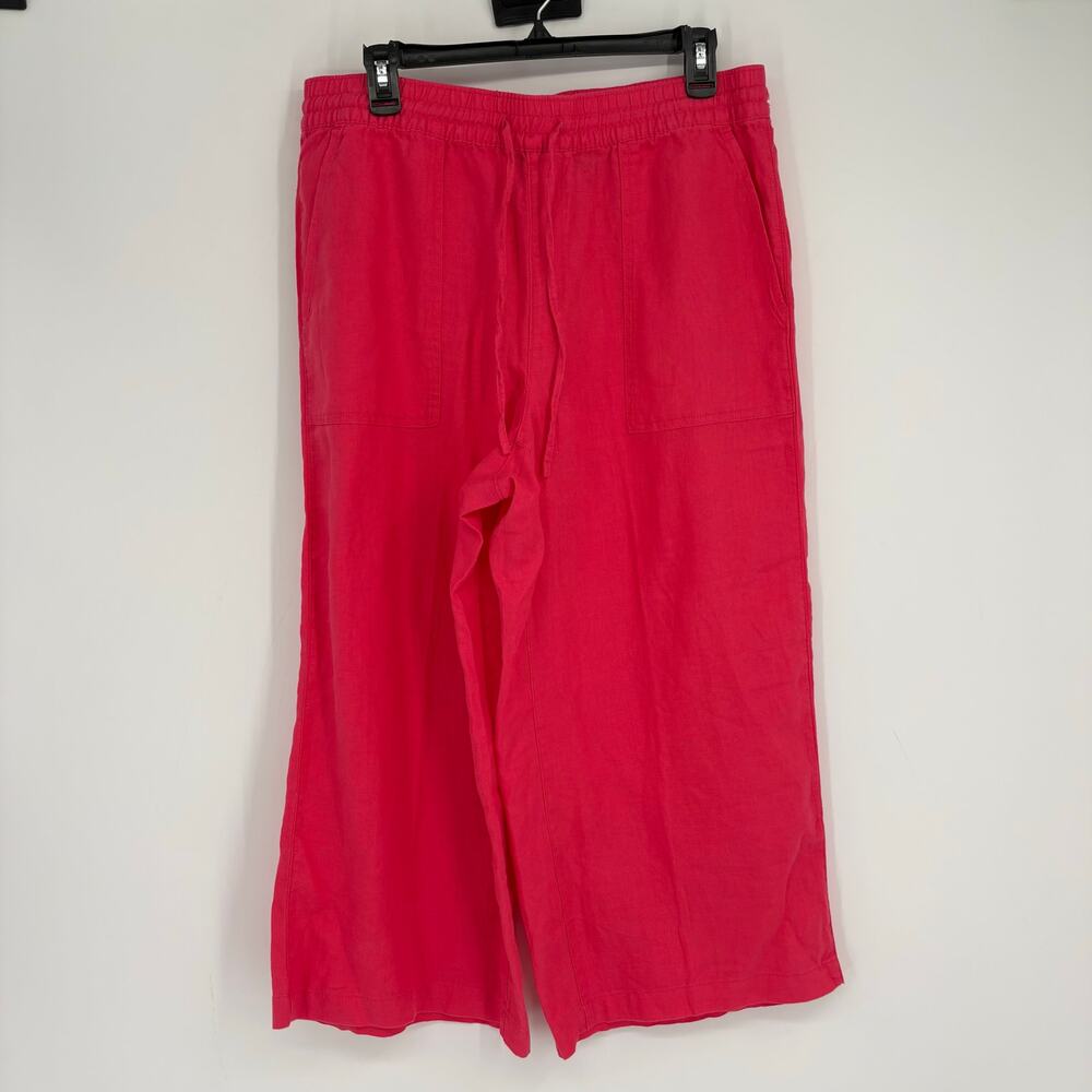 Lands End 100% Linen Pink Cropped Capri Wide Leg Pull On Pants Size MP Vacation